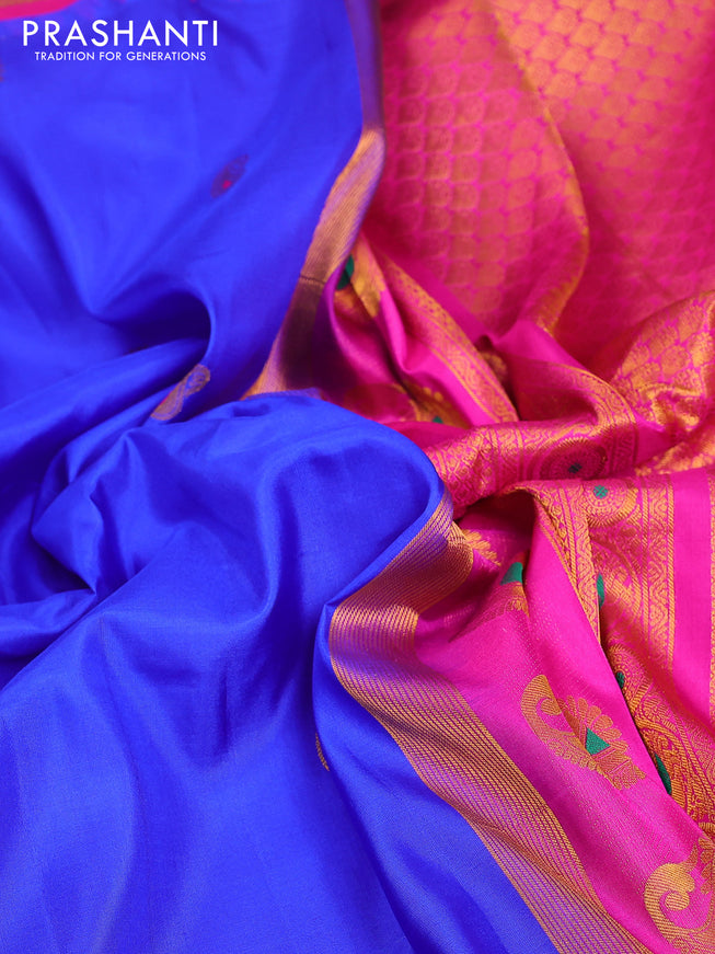Pure gadwal silk saree blue and pink with zari woven buttas and temple design zari woven border