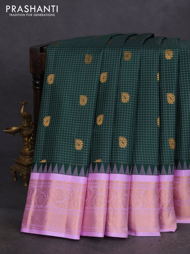 Pure gadwal silk saree green and lavender with allover small checked pattern & zari buttas and temple design zari woven border