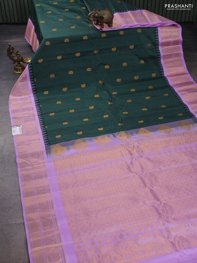 Pure gadwal silk saree green and lavender with allover small checked pattern & zari buttas and temple design zari woven border