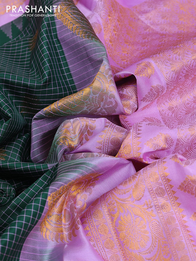Pure gadwal silk saree green and lavender with allover small checked pattern & zari buttas and temple design zari woven border
