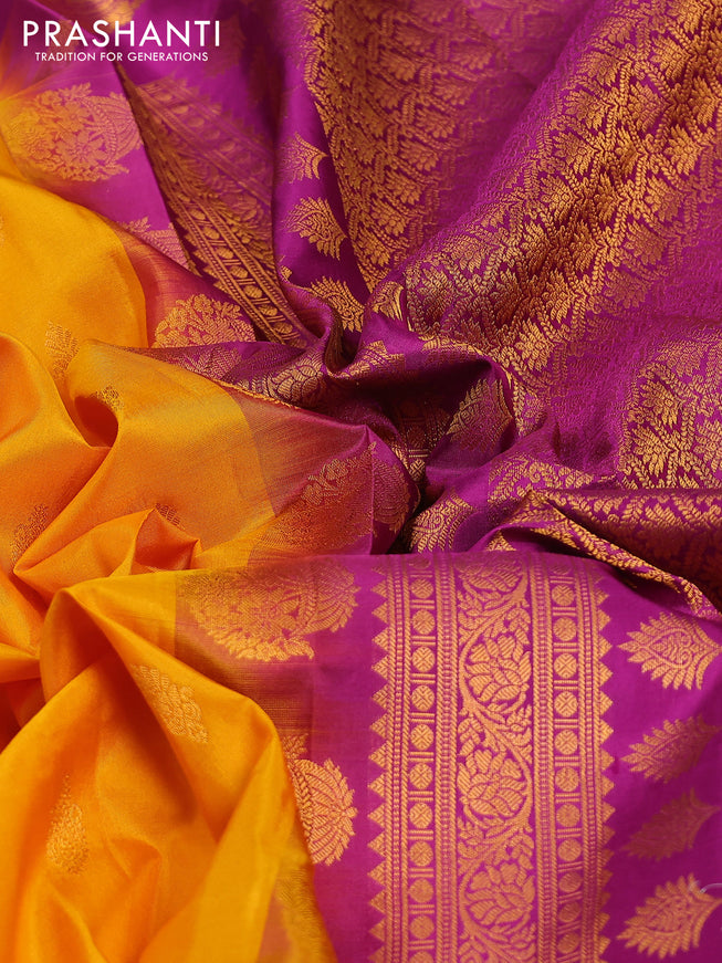 Pure gadwal silk saree mango yellow and purple with zari woven buttas and temple design zari woven border