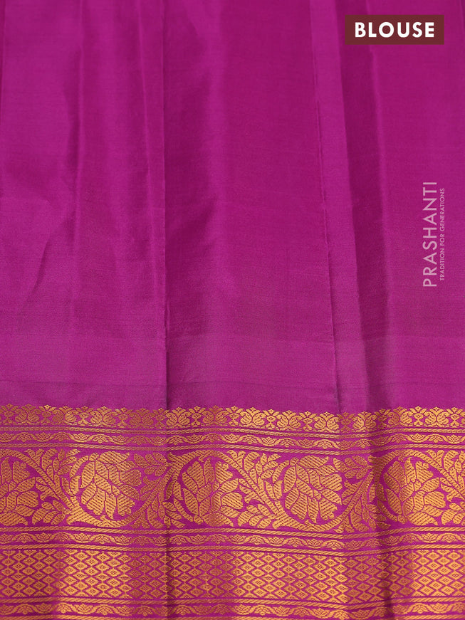 Pure gadwal silk saree mango yellow and purple with zari woven buttas and temple design zari woven border
