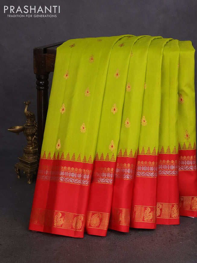 Pure gadwal silk saree lime green and red with zari woven buttas and temple design zari woven border
