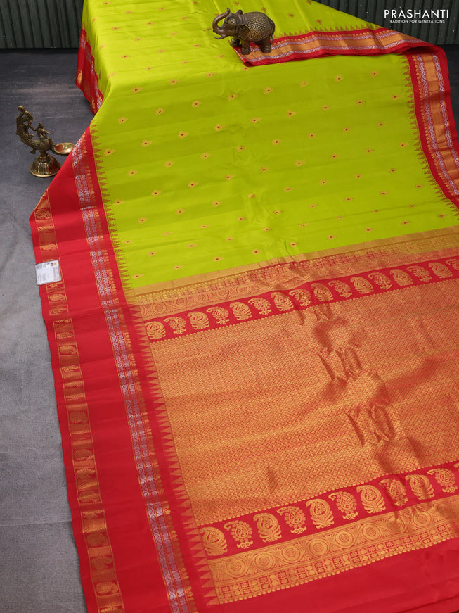 Pure gadwal silk saree lime green and red with zari woven buttas and temple design zari woven border