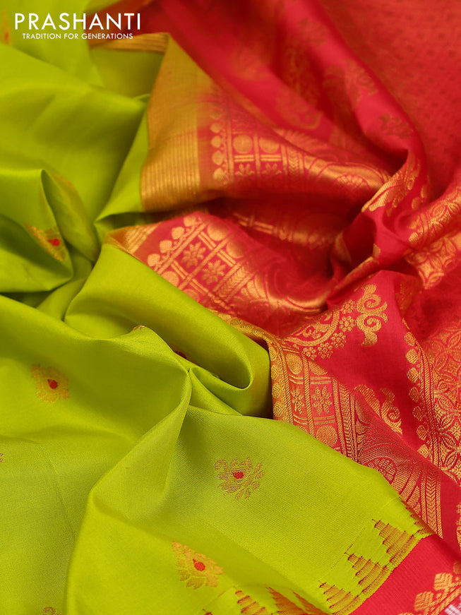 Pure gadwal silk saree lime green and red with zari woven buttas and temple design zari woven border