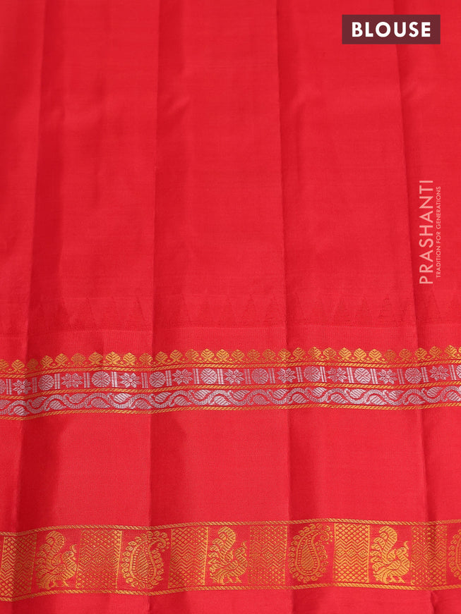 Pure gadwal silk saree lime green and red with zari woven buttas and temple design zari woven border