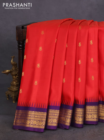 Pure gadwal silk saree red and violet with zari woven buttas and temple design zari woven border