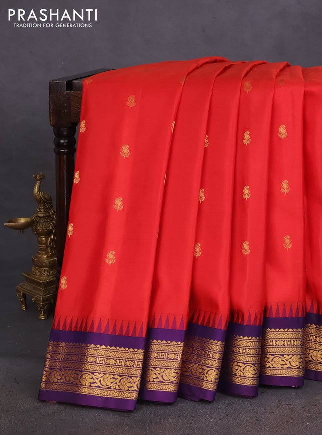 Pure gadwal silk saree red and violet with zari woven buttas and temple design zari woven border