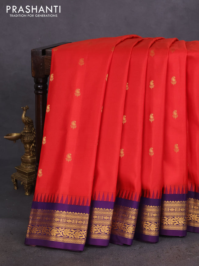 Pure gadwal silk saree red and violet with zari woven buttas and temple design zari woven border