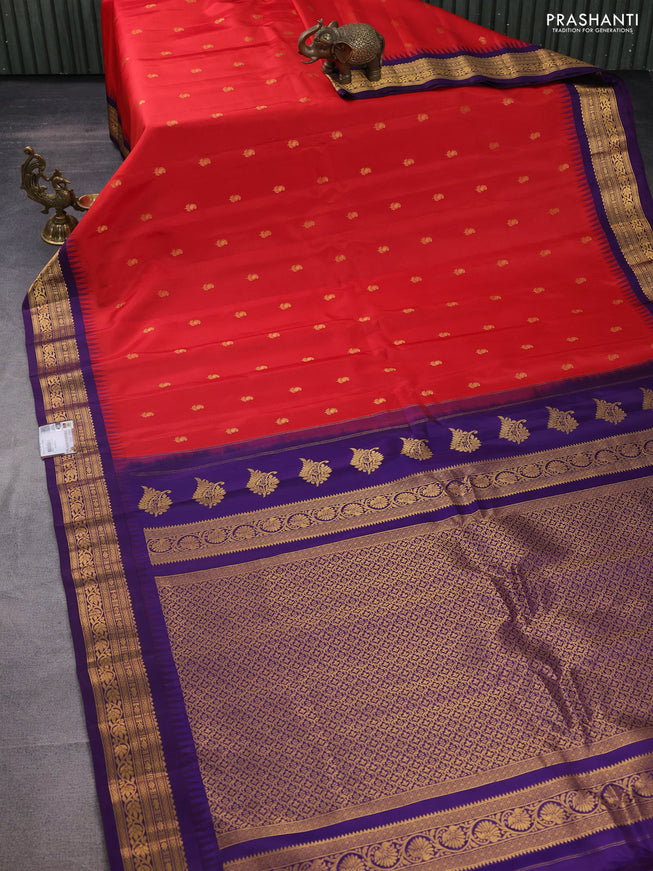 Pure gadwal silk saree red and violet with zari woven buttas and temple design zari woven border