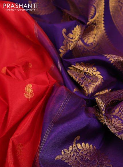 Pure gadwal silk saree red and violet with zari woven buttas and temple design zari woven border