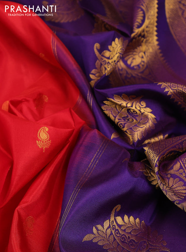 Pure gadwal silk saree red and violet with zari woven buttas and temple design zari woven border