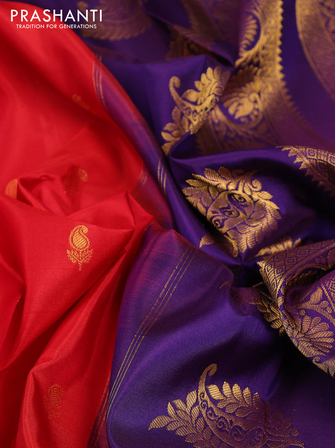 Pure gadwal silk saree red and violet with zari woven buttas and temple design zari woven border