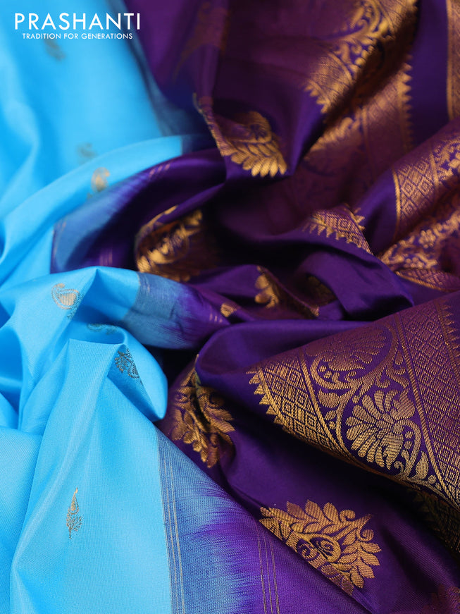 Pure gadwal silk saree light blue and deep violet with zari woven buttas and temple design zari woven border