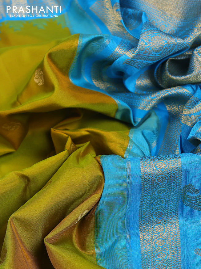 Pure gadwal silk saree mustard green and cs blue with zari woven buttas and temple design zari woven border