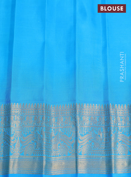 Pure gadwal silk saree mustard green and cs blue with zari woven buttas and temple design zari woven border