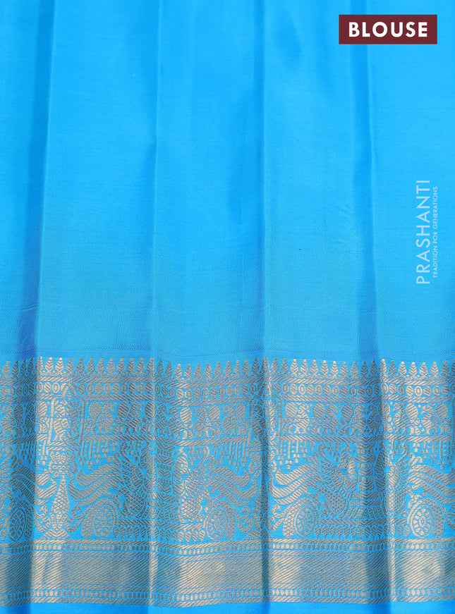 Pure gadwal silk saree mustard green and cs blue with zari woven buttas and temple design zari woven border