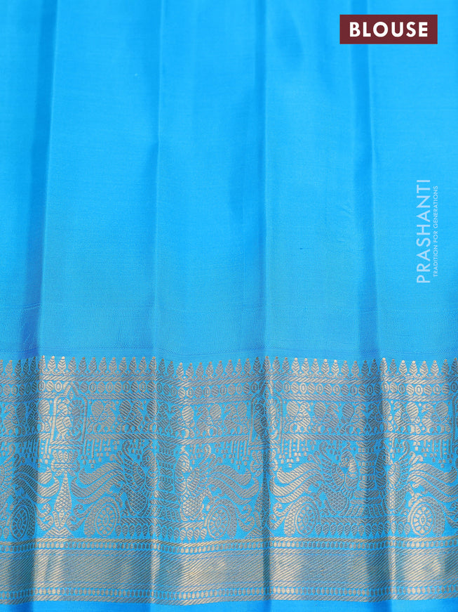 Pure gadwal silk saree mustard green and cs blue with zari woven buttas and temple design zari woven border