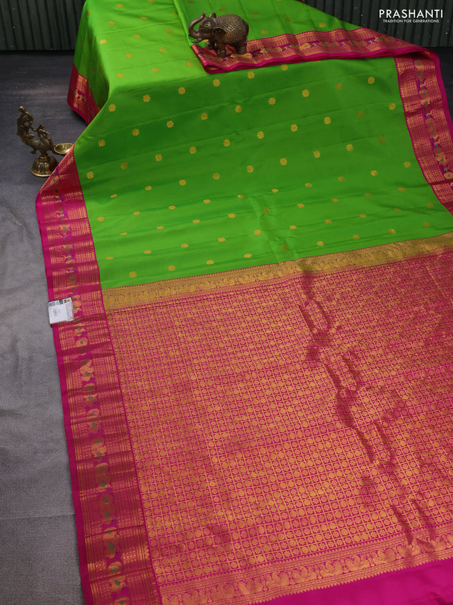Pure gadwal silk saree light green and pink with zari woven buttas and zari woven korvai border