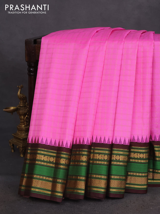 Pure gadwal silk saree light pink and brown with allover zari checked pattern and temple design zari woven border