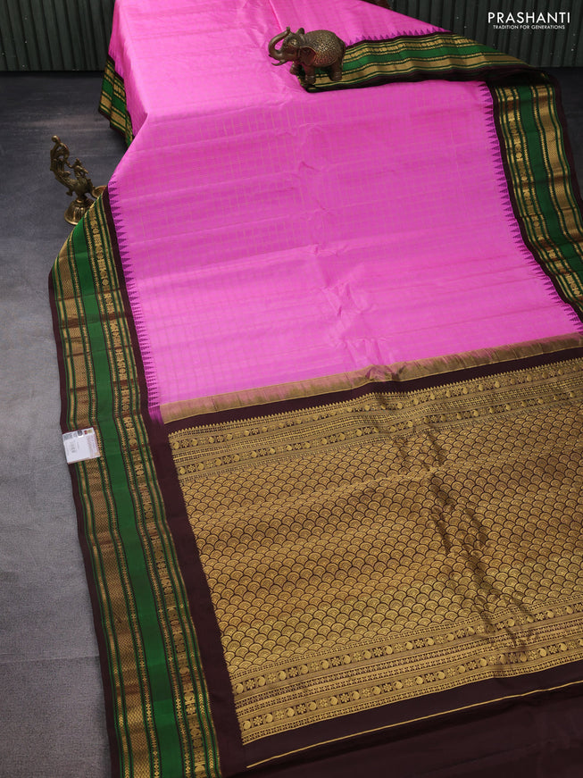 Pure gadwal silk saree light pink and brown with allover zari checked pattern and temple design zari woven border