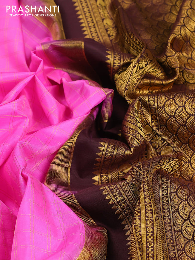 Pure gadwal silk saree light pink and brown with allover zari checked pattern and temple design zari woven border