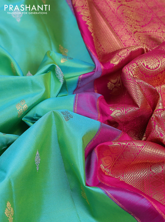 Pure gadwal silk saree dual shade of teal green and pink with zari woven buttas and temple design zari woven border