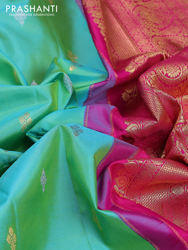 Pure gadwal silk saree dual shade of teal green and pink with zari woven buttas and temple design zari woven border