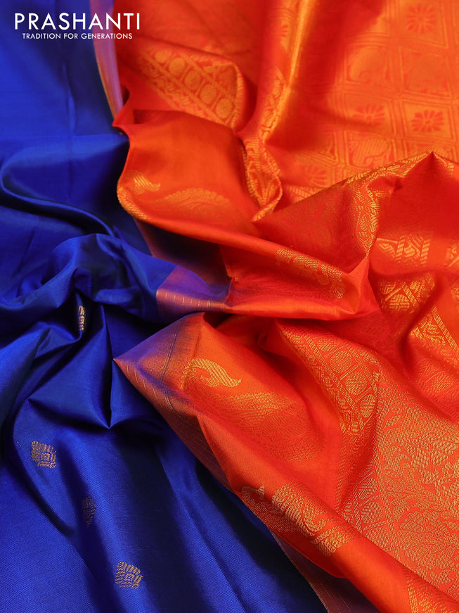 Pure gadwal silk saree dual shade of blue and orange with zari woven buttas and zari woven korvai border