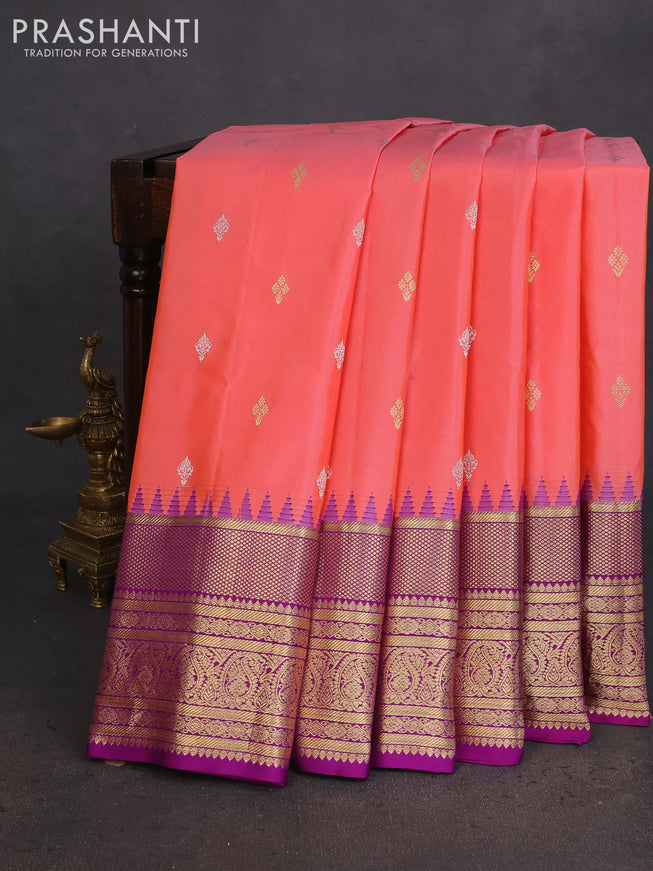 Pure gadwal silk saree peach pink and deep purple with zari woven buttas and temple design zari woven border