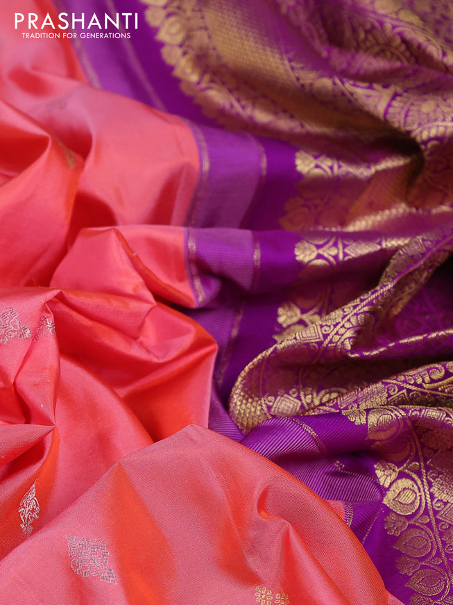 Pure gadwal silk saree peach pink and deep purple with zari woven buttas and temple design zari woven border