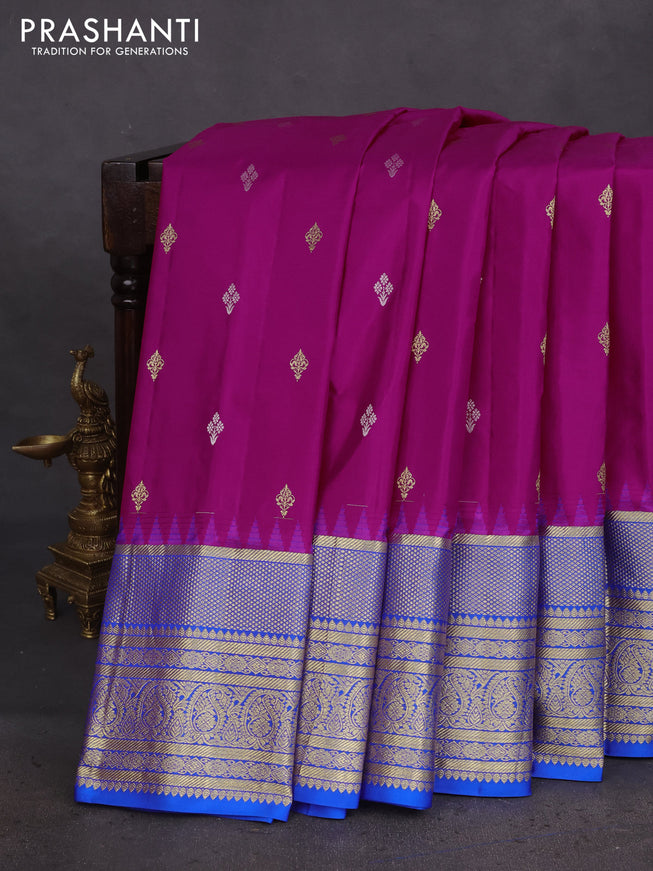 Pure gadwal silk saree pink and blue with zari woven buttas and temple design zari woven border