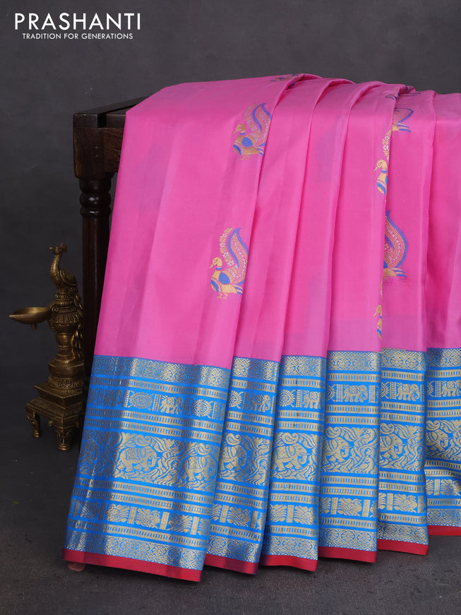 Pure gadwal silk saree light pink and cs blue with zari woven buttas and long zari woven border