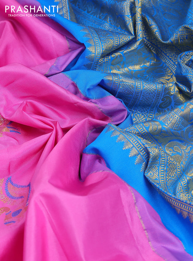 Pure gadwal silk saree light pink and cs blue with zari woven buttas and long zari woven border
