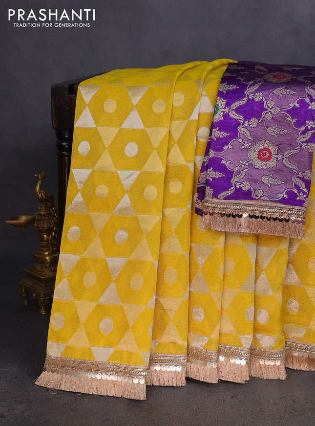 Banarasi tissue saree yellow and violet with allover zari woven geometric wevaes and lace work border
