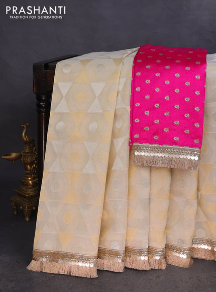 Banarasi tissue saree beige and pink with allover zari woven geometric wevaes and lace work border
