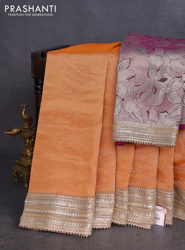 Banarasi tissue saree rust shade and wine shade with plain body and lace work border