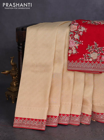 Banarasi tissue saree beige and red with allover zari woven brocade weaves and sequin work border