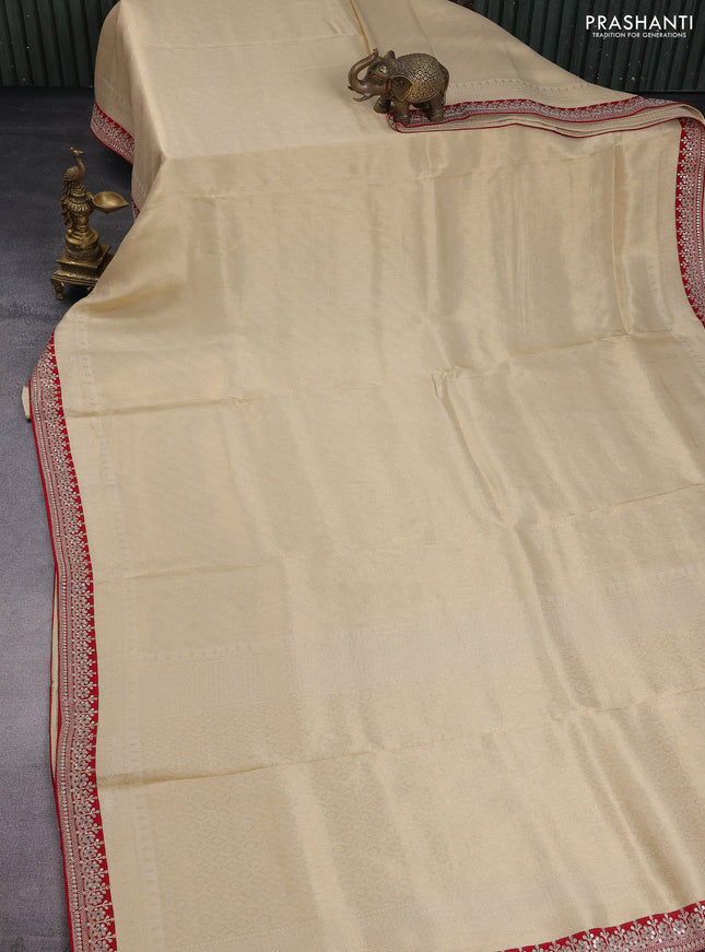 Banarasi tissue saree beige and red with allover zari woven brocade weaves and sequin work border