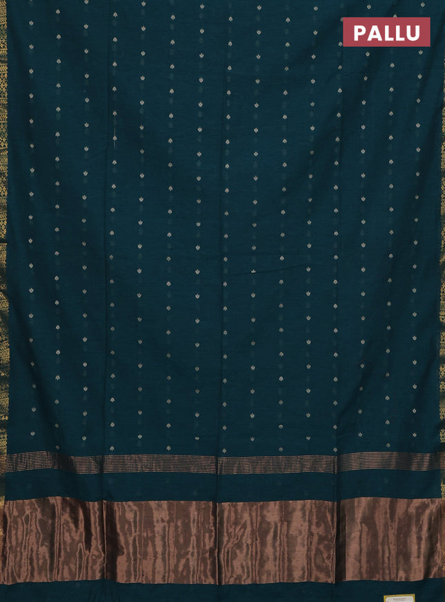 Bengal soft cotton saree peacock green with thread woven buttas and zari woven border