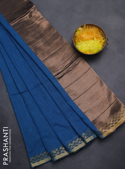 Bengal soft cotton saree cs blue with plain body and zari woven border