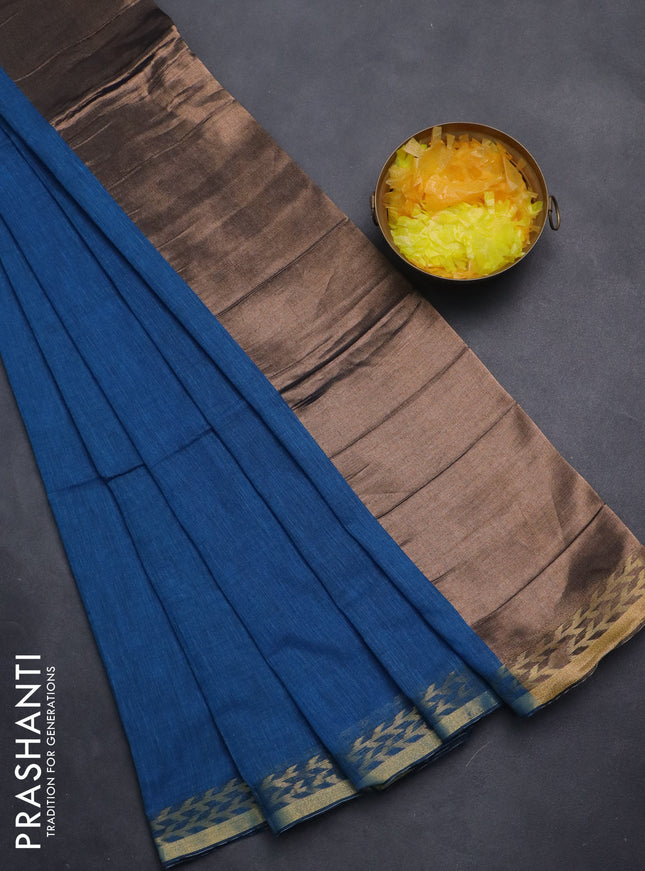 Bengal soft cotton saree cs blue with plain body and zari woven border