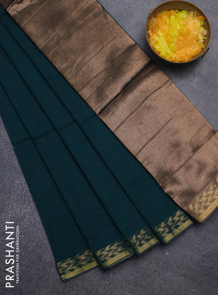 Bengal soft cotton saree peacock green with plain body and zari woven border