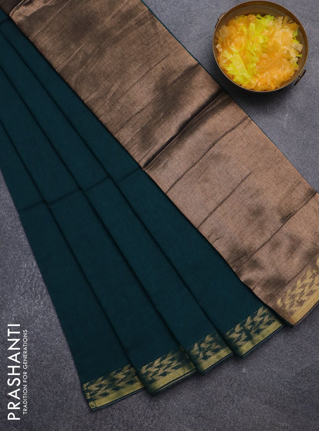 Bengal soft cotton saree peacock green with plain body and zari woven border