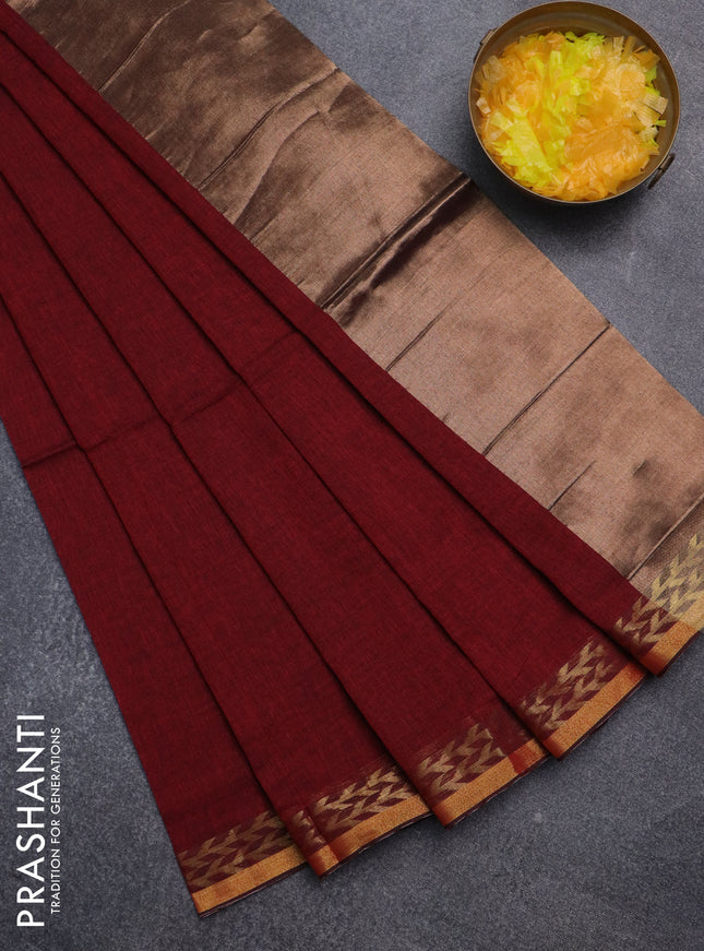 Bengal soft cotton saree maroon with plain body and zari woven border
