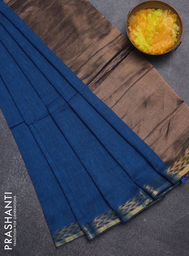 Bengal soft cotton saree cs blue with plain body and zari woven border