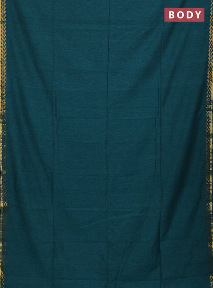 Bengal soft cotton saree peacock green with plain body and zari woven border