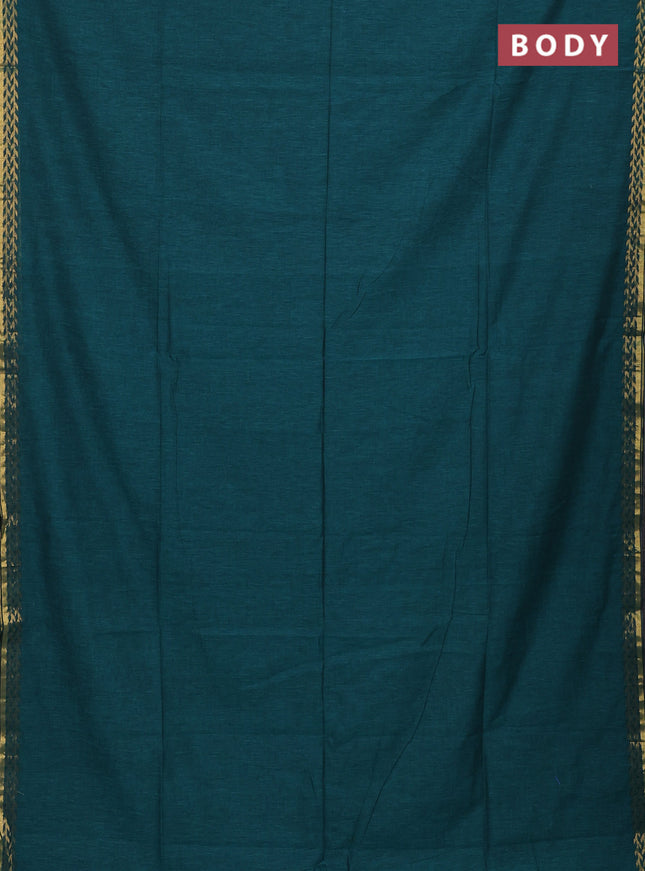 Bengal soft cotton saree peacock green with plain body and zari woven border