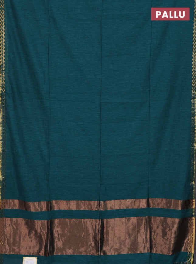 Bengal soft cotton saree peacock green with plain body and zari woven border