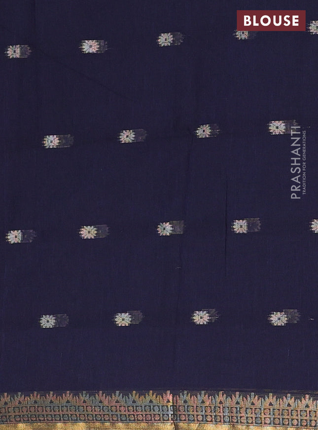 Bengal soft cotton saree navy blue with thread woven buttas and zari woven border